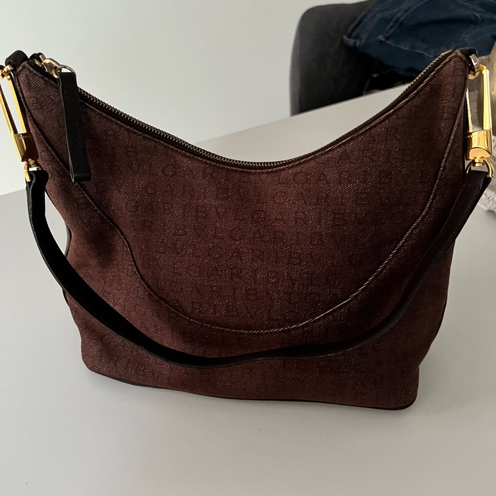 BVLGARI 💯 Logo Mania Shoulder Bag Canvas/ Leather Brown